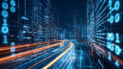 Poster - Digital Cityscape Highlighting Data Flow and Speed