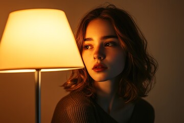 Poster - woman is illuminated by warm ambient light from floor lamp creating soft shadows on her face