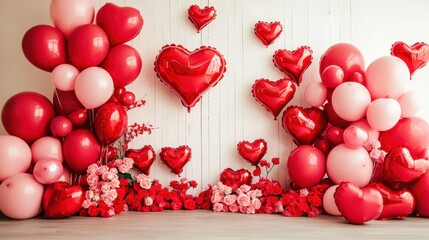 Background of red heart balloons. Festive photo zone for Valentine's Day. Background for cards, banners, invitations, congratulations, volumetric 3D shiny glossy heart-shaped balls