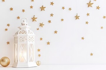 Poster - clean white background with decorative lantern surrounded by scattered golden stars