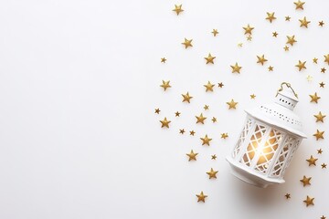 Poster - clean white background with decorative lantern surrounded by scattered golden stars