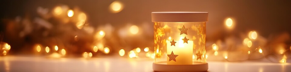 Poster - glowing lantern surrounded by golden stars displayed on clean white ceramic surface under soft light