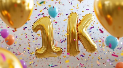 Poster - Celebrate reaching 1K subscribers with golden foil balloons and colorful confetti in a festive atmosphere. Generative AI