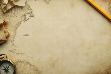 Poster - Vintage map and compass with pencil on old paper, perfect for travel inspiration and creative projects. Generative AI