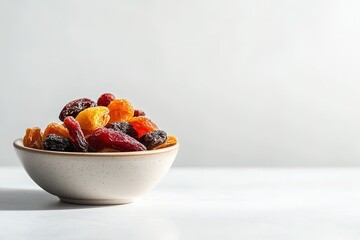 Poster - clean white background with single bowl of vibrant dried fruits placed on smooth ceramic surface
