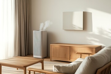 Poster - clean living room with natural wood furniture and air purifier discreetly placed in corner under natural light