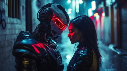 Cyberpunk woman and robot sharing an intimate moment in futuristic city