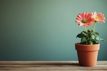 Poster - potted flower placed on wooden table with blooming petals arrangement is minimal and there is empty space on right
