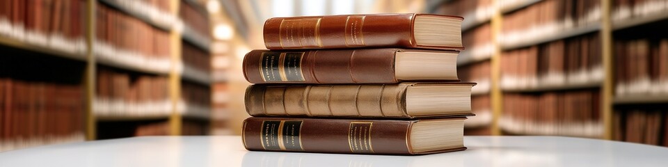 Poster - stack of books on ethics and morality displayed on smooth white surface with blurred library in background