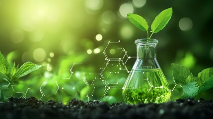 green plant growing in a beaker with a green liquid, with a blurred green background and a chemical 