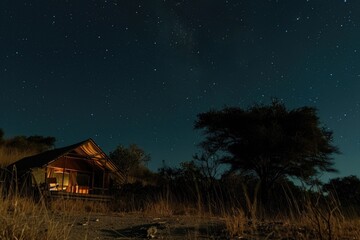 Wall Mural - small house is lit up at night, with a large tree in the background. the scene is peaceful and seren