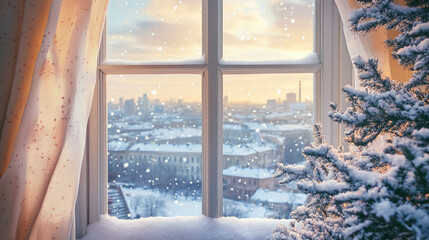 Wall Mural - White window frame close-up with a beautiful winter city views