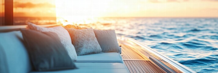 Poster - Elegant yacht deck with luxury furniture overlooking a breathtaking sunset on the ocean. Generative AI