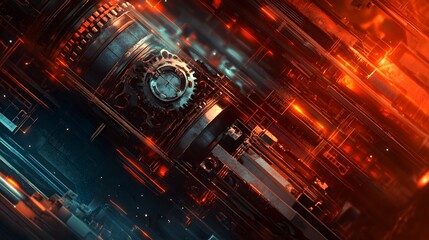 Poster - Abstract Mechanical Gears and Glowing Orange Circuits
