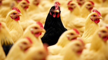 A striking black chicken confidently stands out among a group of yellow hens, symbolizing uniqueness and diversity within a cohesive flock in a farm setting.