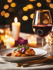 Poster - Luxurious dining table setting with gourmet dish and elegant candlelight ambiance for a special evening. Generative AI