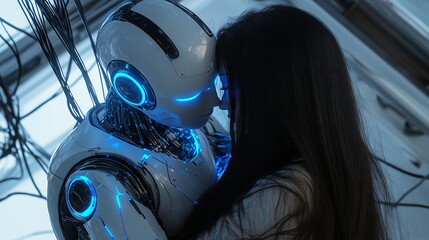 Aufkleber - Woman and robot sharing an intimate moment of affection