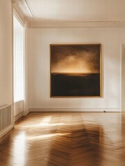 Aufkleber - Luxurious art gallery featuring a large abstract painting in a spacious, well lit room with polished wooden floors. Generative AI