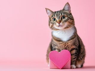 Stock photography of a cat sitting infront of a valentines gift box with a pink heart on it, pastel pink background leaving space for text