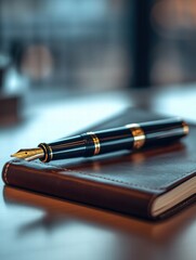 Aufkleber - Luxury fountain pen with gold accents and leather notebook on a wooden table in a bright office setting. Generative AI
