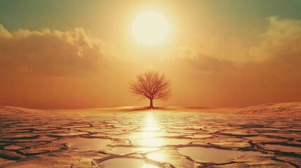 Aufkleber - Cracked dry lakebed stretches under a blazing sun with a lone tree silhouetted against the horizon. Generative AI
