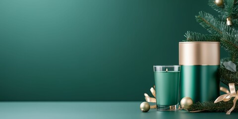 Poster - Green background with a Christmas tree and a box of candles