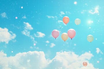 Poster - Colorful balloons ascend into a bright blue sky on a sunny day with fluffy clouds in the background. Generative AI