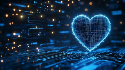 Poster - Glowing blue digital heart representing love in technology on motherboard