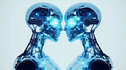 Aufkleber - Two glass cyborg heads facing each other communicating