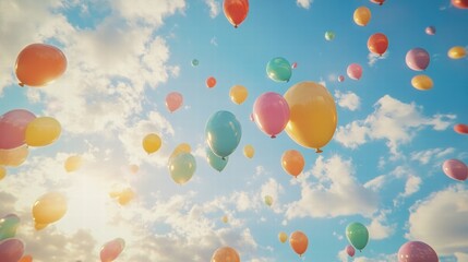 Poster - Colorful balloons drift in a clear blue sky during a sunny day celebration filled with joy and happiness. Generative AI