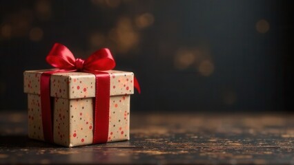 Wall Mural - A beautifully wrapped gift box featuring a red ribbon and bow on a table