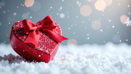 Wall Mural - A red heartshaped gift box with a bow is in the snow with blurred bokeh background