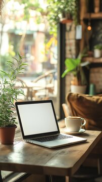 Laptop blank screen on wood table with cafe background, mockup, copy space for banner