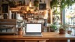 © uuhouse - Laptop blank screen on wood table with cafe background, mockup, copy space for banner