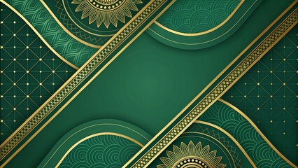 Poster - Abstract luxury green and gold background modern creative concept. Abstract line green background. Luxury green background combine with glowing golden lines. Overlap layer textured background