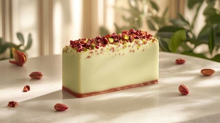 Pistachio rose soap bar on marble with nuts.