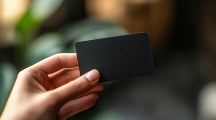 Poster - Sleek black gift card held in hand with copy space for personalized message and mock up design. Generative AI