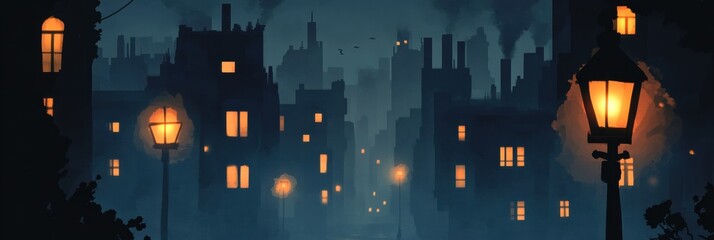 Aufkleber - Mysterious dark cityscape at night with few illuminated windows casting a warm glow. Generative AI