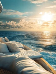 Leinwandbilder - Luxury yacht deck features elegant seating with ocean views during sunset. Generative AI