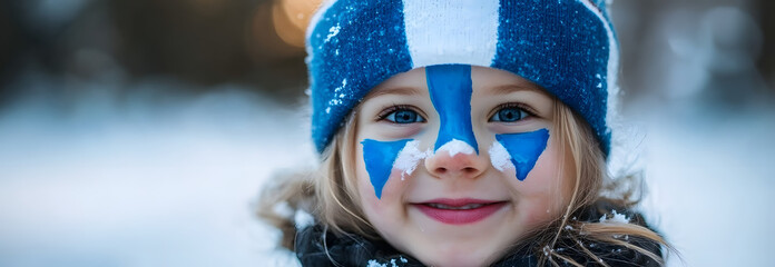 Sticker - Closeup portrait smiling child with finland flag face paint celebrating finland independence day. Happy finland girl on winter nature landscape background.