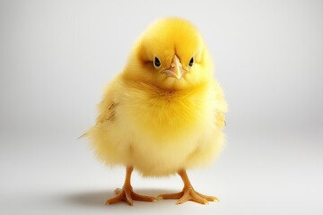 A cute yellow chick standing confidently, showcasing its fluffy feathers and bright eyes.