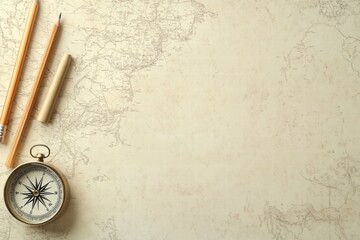 Poster - Vintage compass, pencils, and a map on a blank surface inviting exploration and discovery of unknown places. Generative AI
