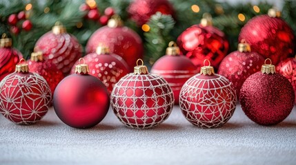 Poster - Red Christmas ornaments and fir branches on a white background.