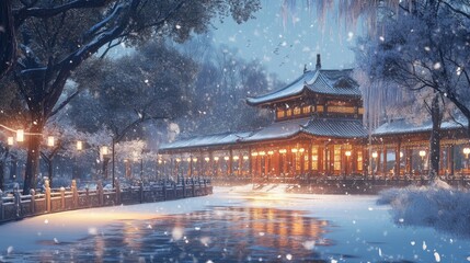 Poster - Snow Covered Pavilion Winter Landscape Serene Asian Architecture