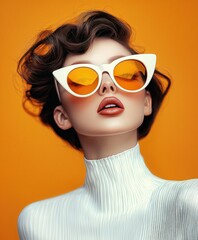 Girl wearing trendy sunglasses poses in front of a vibrant orange background, capturing a stylish moment in fashion