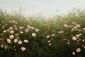 Wall Mural - A field of abstract flowers in watercolor splashes and soft pink tones