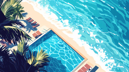 Aerial view of a resort pool overlooking the ocean. Seabreeze. Illustration