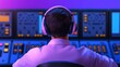 © AI Photo Stock - Monitoring Audio Control Room With Headphones - Studio engineer wearing headphones, focused on mixing audio in a professional control room.  Concepts: precision, concentration, technology, sound engin