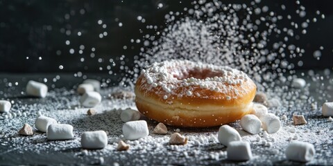 Wall Mural - Powdered donut with marshmallows on top. The donut is covered in powdered sugar and has a marshmallow on top