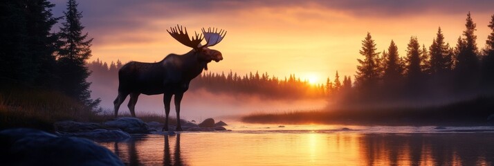 Fototapete - Moose at Sunrise by the Stream - A majestic moose stands peacefully by a tranquil stream as the sun rises, creating a serene and picturesque landscape. Symbolizing: wilderness, tranquility, wildlife, 